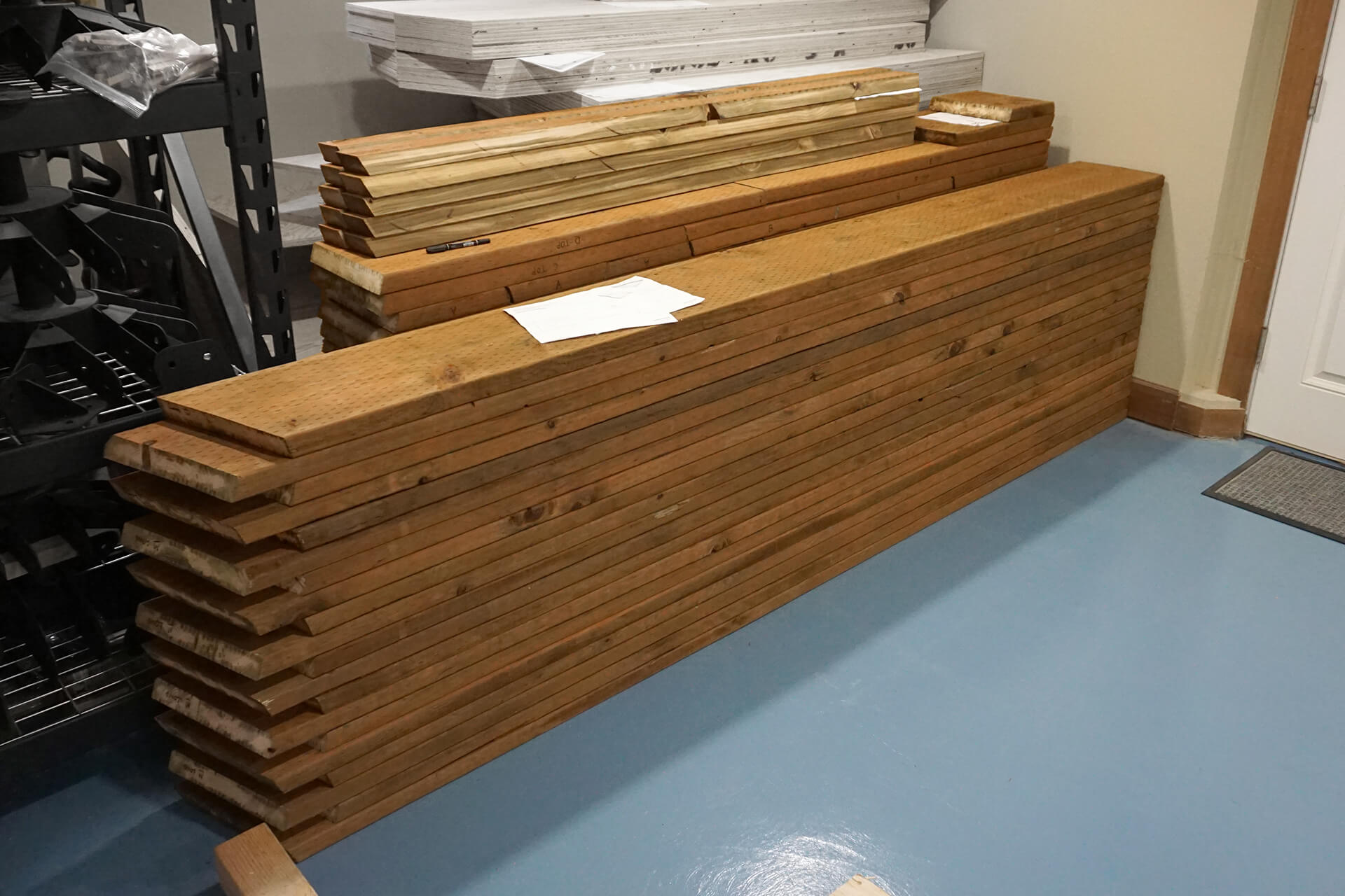 A stack of prefabricated floor lumber.